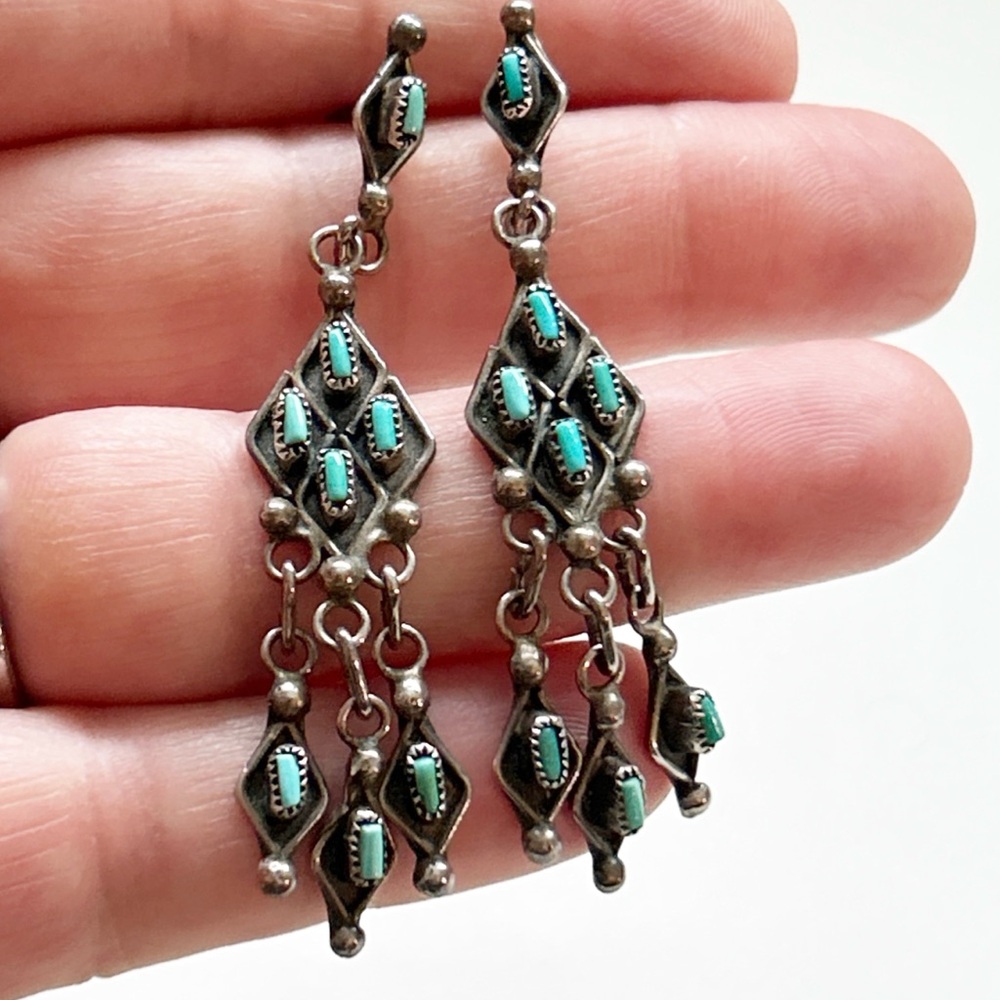 Vintage Southwestern Needlepoint Turquoise Sterling Silver Chandelier Earrings